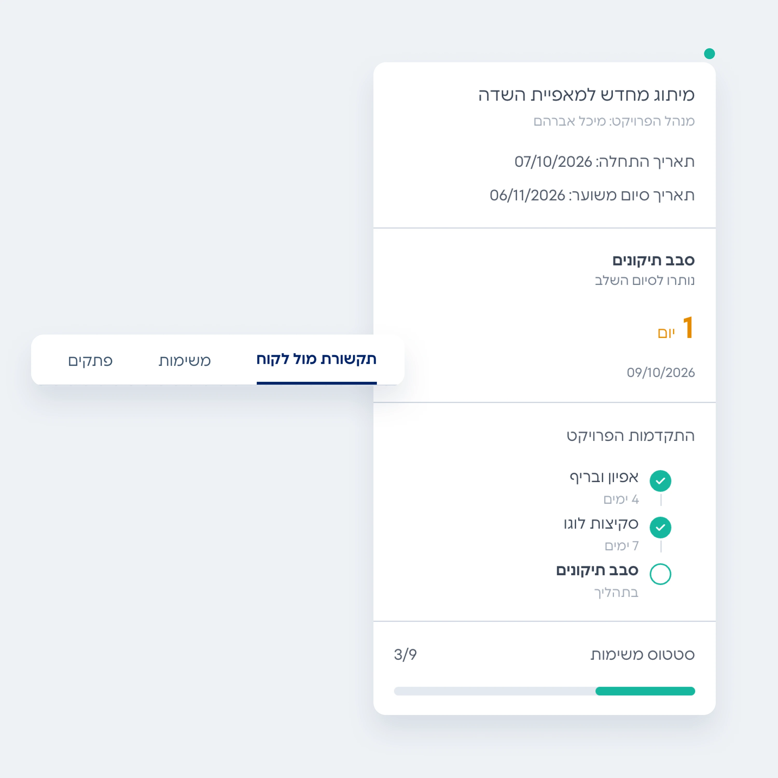 כרטיס הפרויקט בפורטל הלקוח עם שלושת השלבים שנשלחו ללקוחה, הימים שנותרו לשלב הנוכחי וסטטוס המשימות
