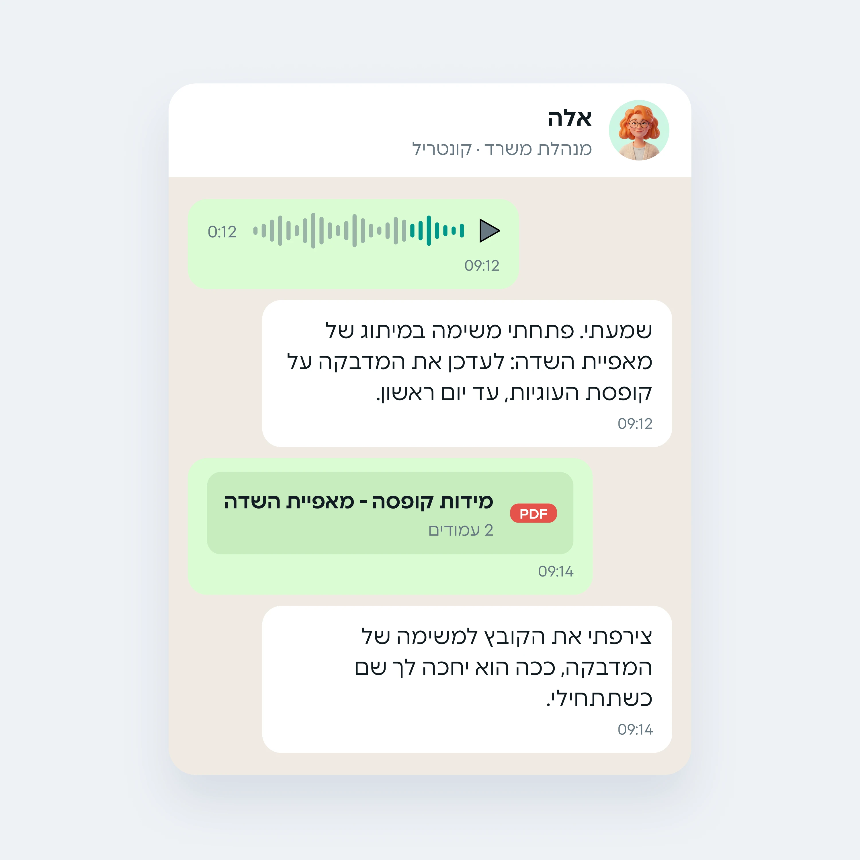 הודעה קולית וקובץ PDF שנשלחו לאלה בוואטסאפ, והתשובות שלה: משימה חדשה בפרויקט של הלקוחה והקובץ מצורף אליה